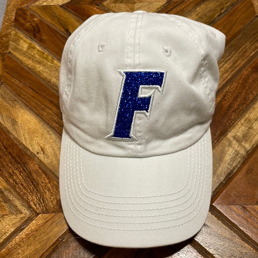 White Glittery F Florida Gators hat with tuck strap with slide